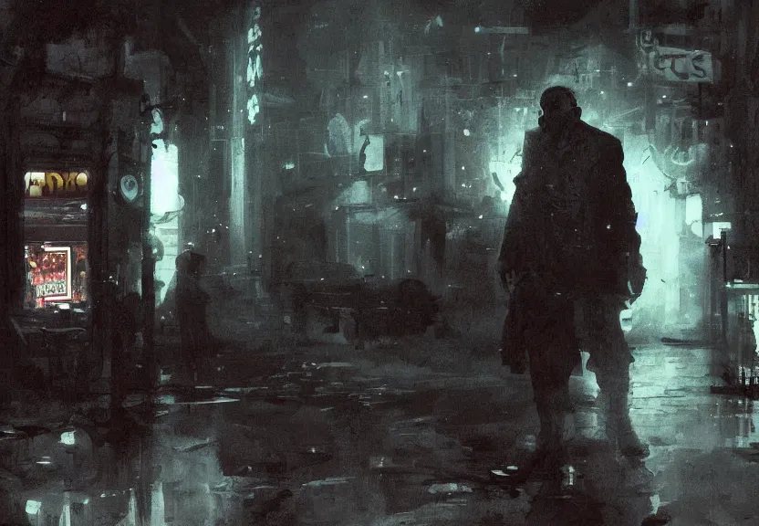 Prompt: painting of the figure of a man in a haunting scenery during the 1 9 8 0's, city, video club, arcade store, high contrast, concept art, fully colored, dramatic lighting, digital art, 8 k, extremely detailed, drawn by ruan jia