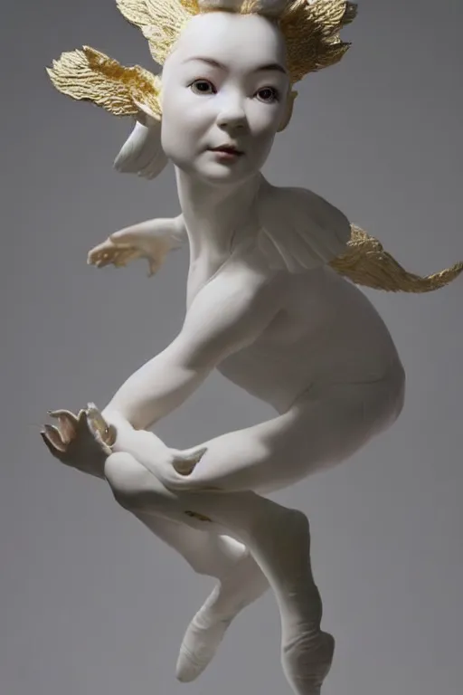 Image similar to full head and shoulders, realistic bjork porcelain ballerina sculpture, smooth, delicate facial features, white eyes, white lashes, detailed white, lots of 3 d gold chinese dragons anatomical, all white features on a white background, by daniel arsham and james jean