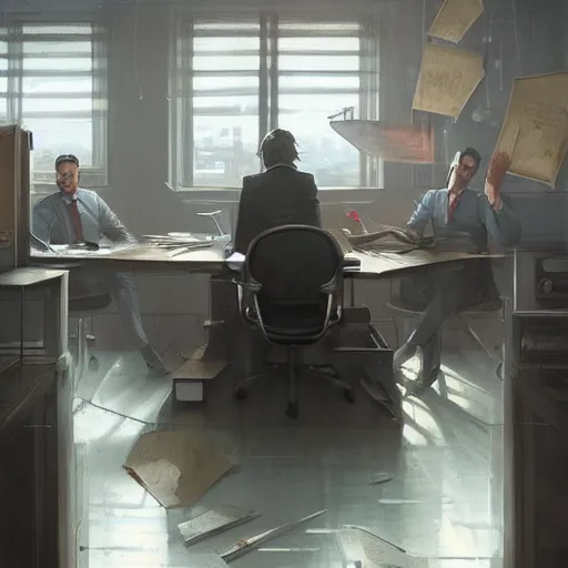 Image similar to an office boss is getting an employee fired, someone lost job, highly detailed,, artstation hd, deviantart, by madgwick,, greg rutkowski