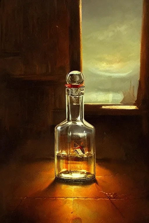 Image similar to imagine a ship in a bottle but instead of a ship jack black is in the bottle, jack black, fancy whiskey bottle, masterpiece painting by greg rutkowski