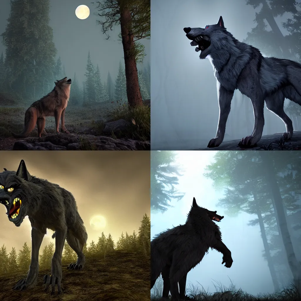 Prompt: a werewolf howling to the full moon, forest background, soft lighting, unreal engine, 4k concept art