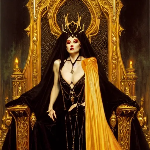 Image similar to perfectly centered portrait of attractive vampire queen in gold gothic robe sitting on a throne of black bones, painting by gaston bussiere, craig mullins, j. c. leyendecker, 8 k, mid shot