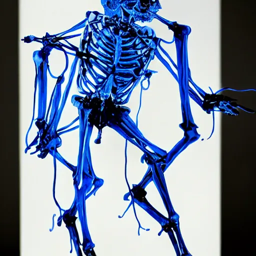 Image similar to electric blue by yoshitaka amano. the experimental art features a human figure driving a chariot. the figure is skeletal & frail, with a large head & eyes. the chariot is pulled by two animals, which are also skeletal & frail.