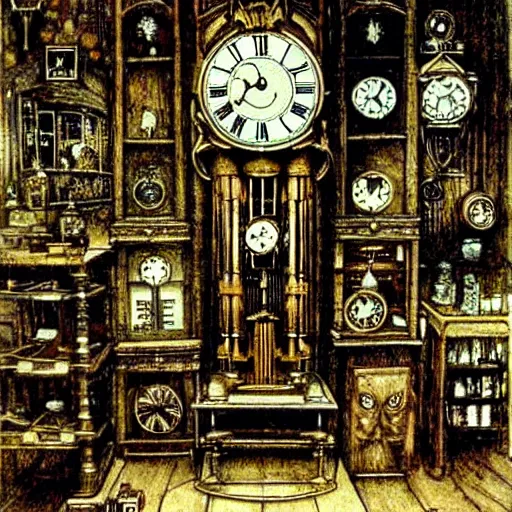 Prompt: interior of a steampunk clock shop, father time, wooden grandfather clocks everywhere, realistic, very intricate masterpiece by arthur rackham