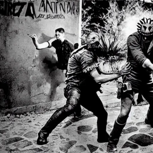 Image similar to El Santo and La Larka fighting zombies