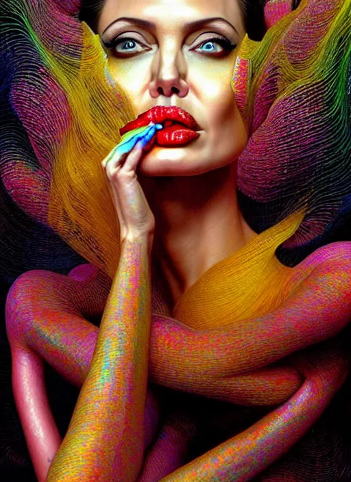 Image similar to hyper detailed 3d render like a Oil painting - Angelina Jolie in fishnets with black hair in thick mascara seen Eating of the Strangling network of colorful yellowcake and aerochrome and milky Fruit and Her delicate Hands hold of gossamer polyp blossoms bring iridescent fungal flowers whose spores black the foolish stars by Jacek Yerka, Mariusz Lewandowski, Houdini algorithmic generative render, Abstract brush strokes, Masterpiece, Edward Hopper and James Gilleard, Zdzislaw Beksinski, Mark Ryden, Wolfgang Lettl, Dan Hiller, hints of Yayoi Kasuma, octane render, 8k