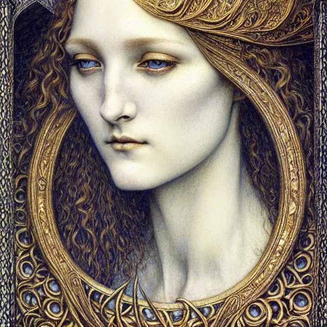 Image similar to detailed realistic beautiful young medieval queen face portrait by jean delville, gustave dore and marco mazzoni, art nouveau, symbolist, visionary, gothic, pre - raphaelite. horizontal symmetry