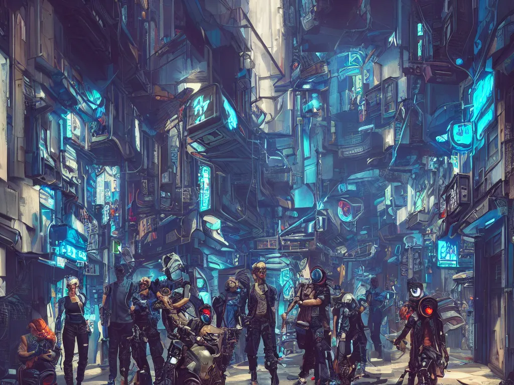 Prompt: a cyberpunk gang in the alleyway between art deco buildings, graffiti, fine detail, intricate, polished, blue color scheme, octane render, digital art, illustration, concept art, trending on artstation, by george luks and noriyoshi ohrai