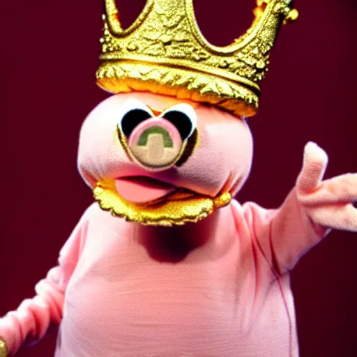 Image similar to a pig wearing a gold crown depicted as a muppet