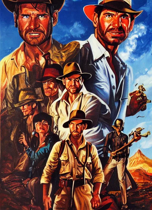 Prompt: 1 9 8 6 poster for indiana jones vs monsters. oil on canvas. print.