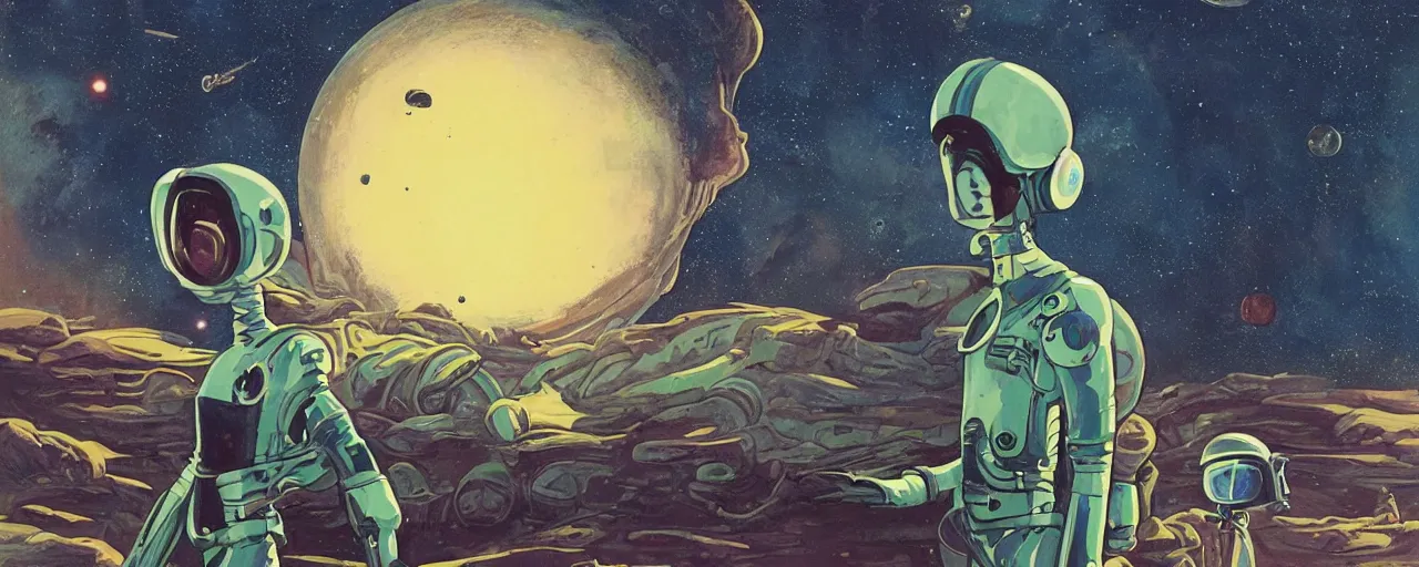 Prompt: a portrait of pilot alien cyborg in spacesuit on field spaceship station landing laying lake artillery outer worlds in FANTASTIC PLANET La planète sauvage animation by René Laloux