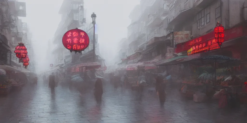 Image similar to morning market in chinatown, foggy rainy day, matte painting, studio ghibli, artstation