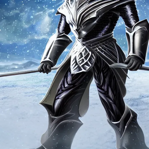 Image similar to full shot of knight inspired by Saint Seiya, wearing ice Armor, frozen scène.