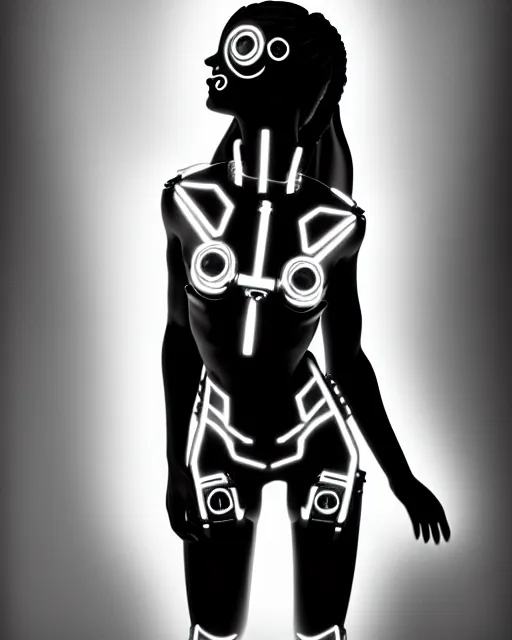 Image similar to a black and white photo of a divine young feminine cyborg, halo, photorealistic, artistic, poetic, 8 k,