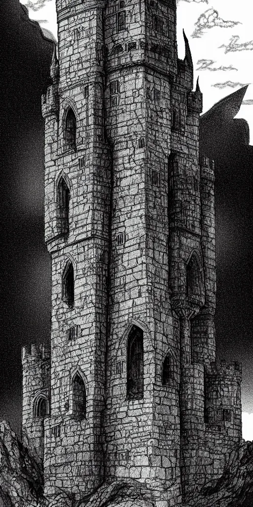 Image similar to lord of the rings tall medieval tower of dark stone on a castle on a hill. stone ruins at the bottom. a dark forest around. illustration on artstation