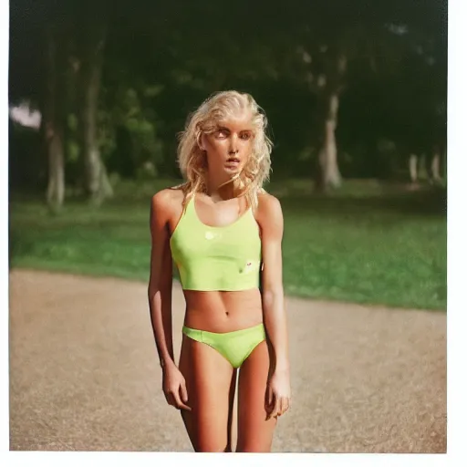 Image similar to realistic photoshooting for a new nike lookbook, color film photography, portrait of a beautiful blonde woman, in style of Davey Adesida, 35mm, film photo