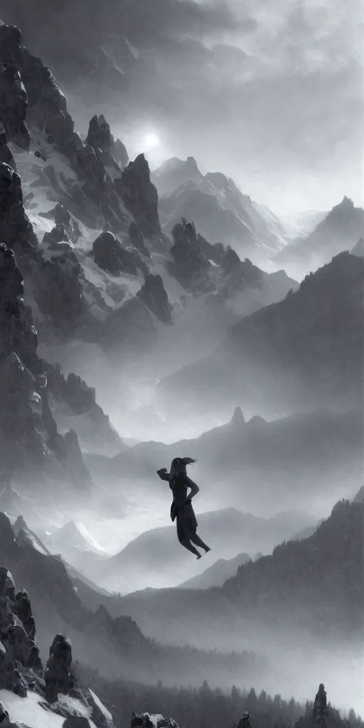 Image similar to A beautiful female alien flying over a foggy snowy mountain, Realistic, Refined, Detailed Digital Art, Oil Painting, William-Adolphe Bouguereau, Renaissance, Highly Detailed, Cinematic Lighting, black and white, tintype, Unreal Engine, 8K