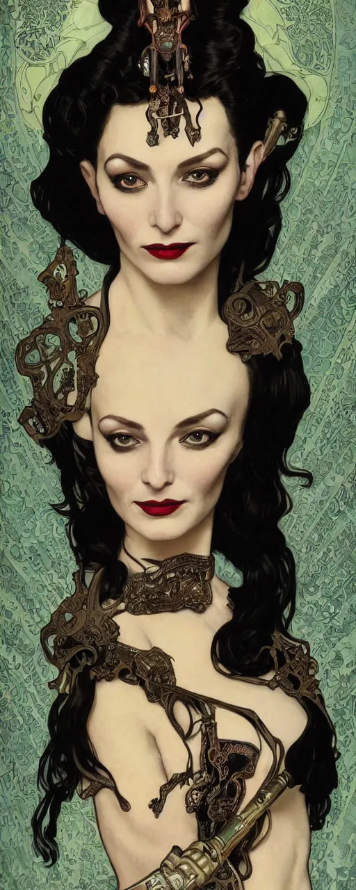 Image similar to a beautiful sensual ironpunk art nouveau style portrait of morticia adams as a rebel soldier by chris achilleos, moebius, olivia de bernardinis and alphonse mucha, photorealism, extremely hyperdetailed, perfect symmetrical facial features, perfect anatomy, ornate declotage, weapon, high technical detail, confident expression, wry smile