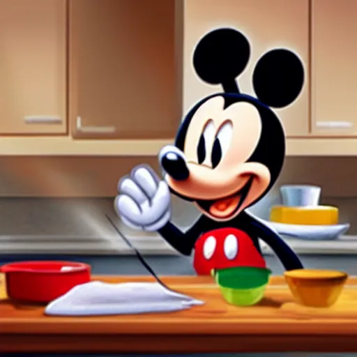 Image similar to mickey mouse setting mouse traps up in a kitchen, disney cartoon