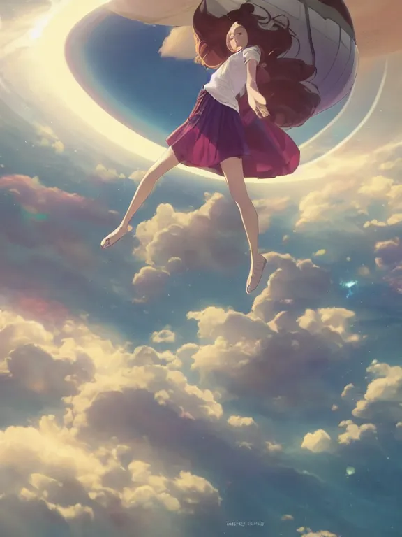 Image similar to a godly, wise, powerful giant girl wearing a skirt in space holding a model of a Saturn in her left hand. Soft lighting, cosmic skies, stunning, 8K, no planets, octane render. By Makoto Shinkai, Stanley Artgerm Lau, WLOP, Rossdraws, James Jean, Andrei Riabovitchev, Marc Simonetti, krenz cushart, Sakimichan, D&D trending on ArtStation, digital art.