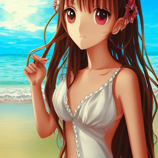 Prompt: an anime portrait of a beautiful girl in the beach, Digital art, intricate details,