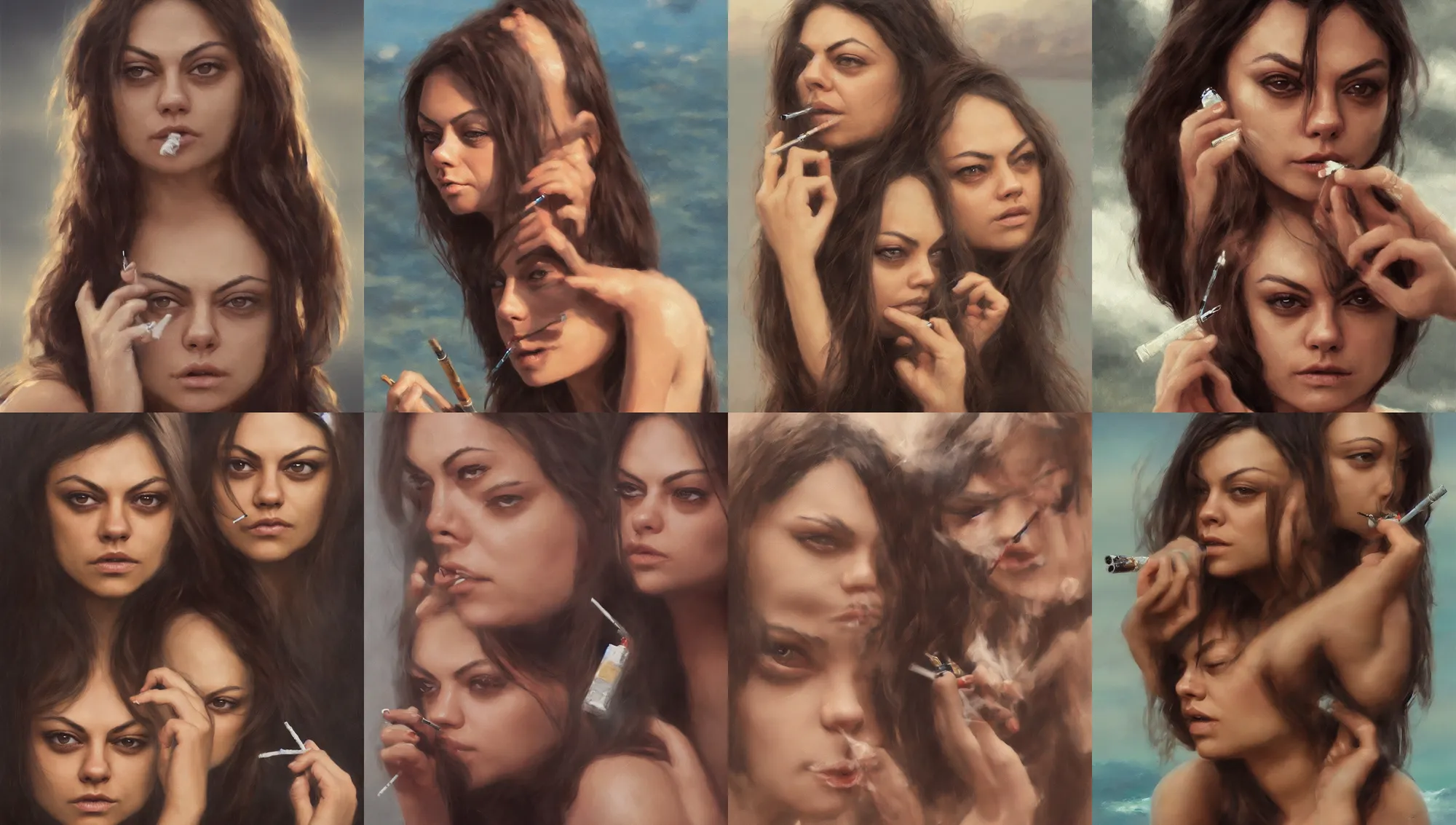 Image similar to winking mila kunis smoking a cigarette closeup portrait, dramatic light, lake background, 2 0 0 mm focal length, 1 9 7 0 s, painted by stanley lau, painted by greg rutkowski, painted by stanley artgerm, digital art, trending on artstation