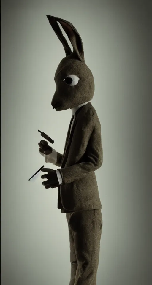 Prompt: a humanoid rabbit wearing a peak lapel suit and smoking a cigarette, chiaroscuro, medium shot, cinematic promo material