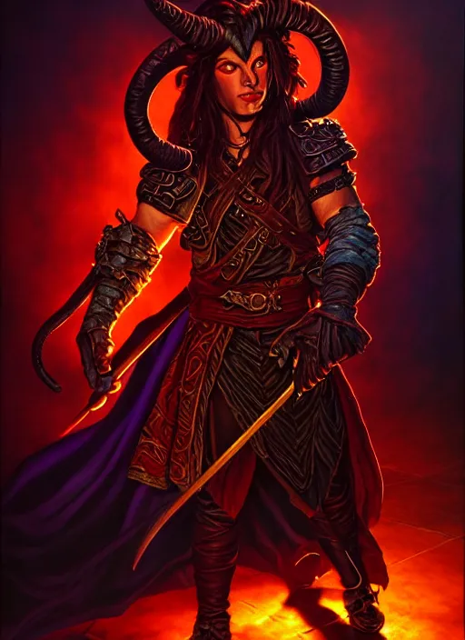 Image similar to tiefling bard, full body, hyper realistic, extremely detailed, dnd character art portrait, dark fantasy art, intricate fantasy painting, dramatic lighting, vivid colors, deviantart, artstation, by larry elmore.