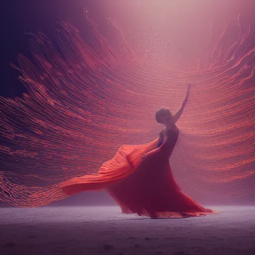 Image similar to woman dancing underwater wearing a long flowing dress made of red and yellow wire, coral sea bottom, swirling schools of silver fish, swirling smoke shapes, octane render, caustics lighting from above, cinematic, hyperdetailed