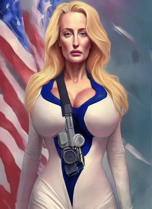 Image similar to lindsey pelas as gillian anderson the president of united states, digital painting, artstation, concept art, sharp focus, illustration, art by artgerm and greg rutkowski and alphonse mucha