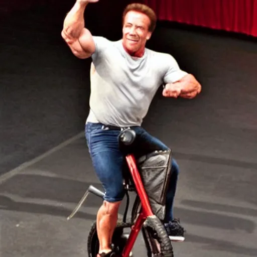 Image similar to a photo of arnold schwarzenegger riding a unicycle