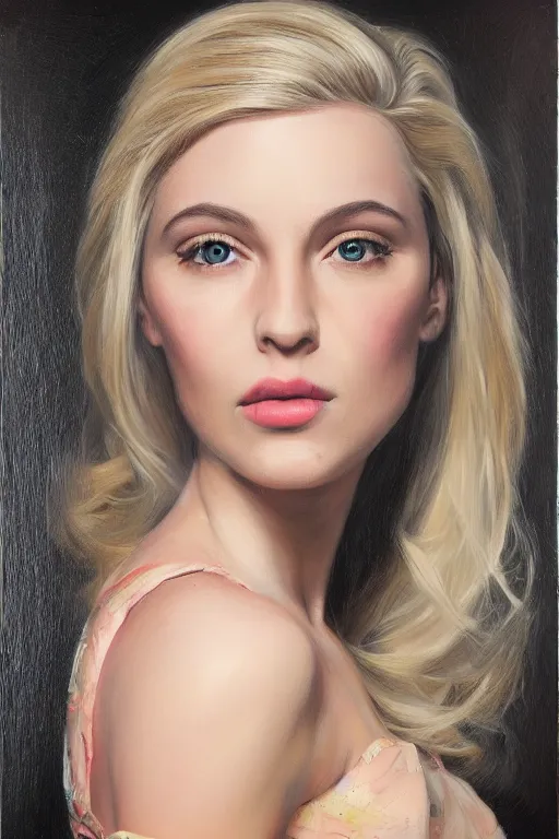 Prompt: blonde alexa grace, hyperrealist portrait, glamour, oil on canvas