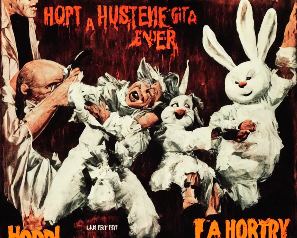 Prompt: a horror movie poster featuring the easter bunny fighting gilbert gottfried