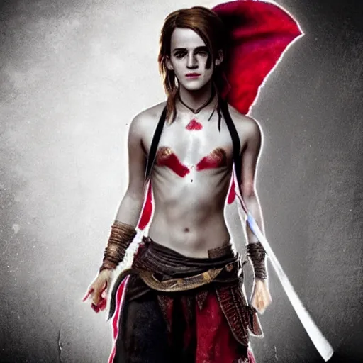 Image similar to Emma Watson as Kratos, brutal