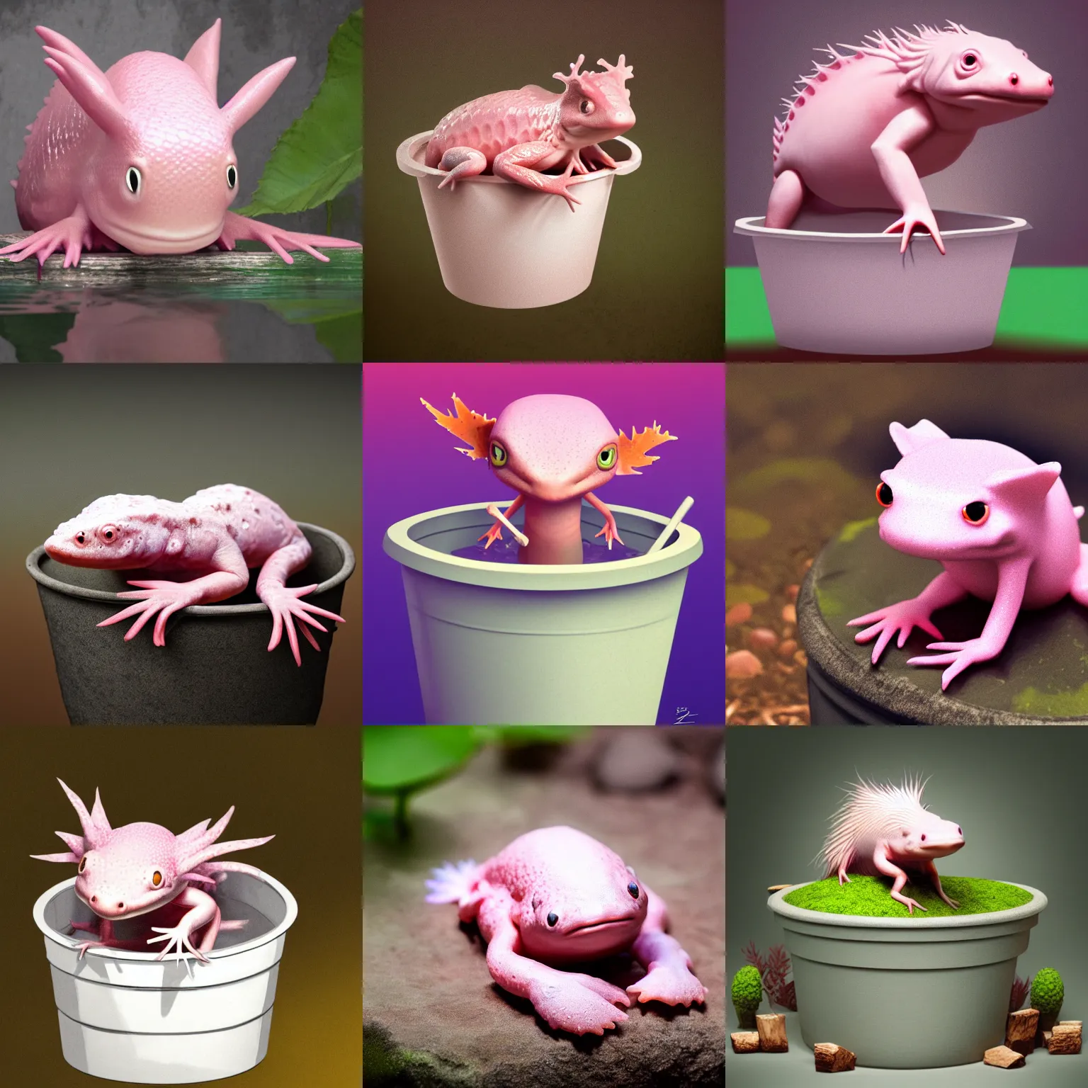 Prompt: pink axolotl sitting in a bucket with a forest background, award winning art, trending on artstation, hyper realistic, photography, digital art