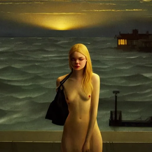 Prompt: Elle Fanning lost at sea at night in the world of Edward Hopper, stormy snowy weather, streetlights, extremely detailed masterpiece, oil on canvas, low-key neon lighting, artstation, Blade Runner 2049, Roger Deakin’s cinematography, by J. C. Leyendecker and Peter Paul Rubens,