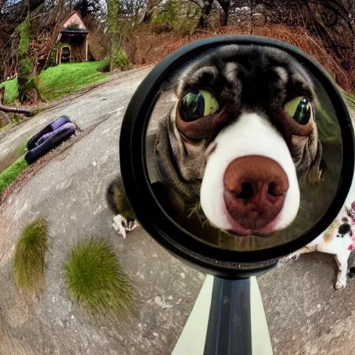 Image similar to fisheye lens photo of the world's ugliest dog