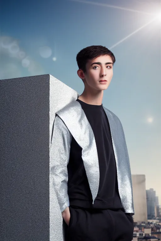 Image similar to un ultra high definition studio quality photographic art portrait of a young man standing on the rooftop of a british apartment building wearing soft padded silver pearlescent clothing. three point light. extremely detailed. golden ratio, ray tracing, volumetric light, shallow depth of field. set dressed.