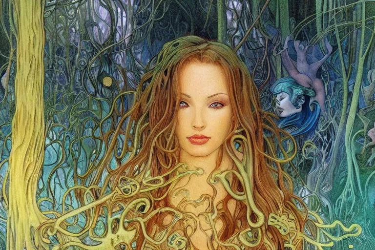 Image similar to realistic detailed portrait painting of a beautiful ghost woman with blond hair with an alien, futuristic sci-fi forest on background by Jean Delville, Amano, Yves Tanguy, Alphonse Mucha, Edward Robert Hughes, Roger Dean, rich moody colours, blue eyes