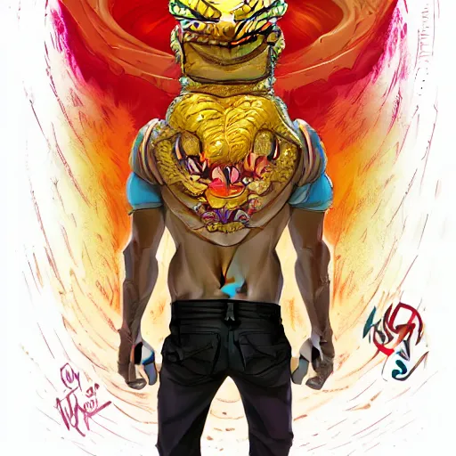 Image similar to in the style of artgerm, loish, ross tran and elysecastro, cartoon anthropomorphic alligator, symmetrical face, symmetrical eyes, red scales on his back, yellow scale on his belly and chest, male, waring a hawaiian shirt, cgsociety
