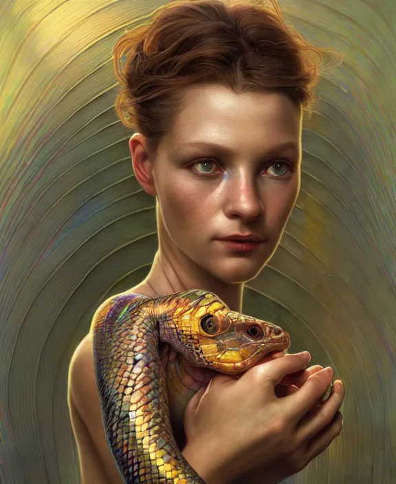 Image similar to intricate iridescent portrait of a disturbing beautiful alien snake creature, mottling coloring, adorable, childlike, medical equipment hospital environment, ultra realistic, concept art, art nouveau, photorealistic, octane render, 8 k, unreal engine. art by christopher marley and artgerm and greg rutkowski and alphonse mucha