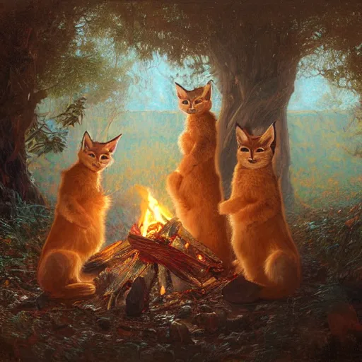 Image similar to three cute caracals wearing red bows and ties with guitar, campfire, night, atmospheric lighting, intricate, volumetric lighting, digital art, highly detailed by gaston bussiere, craig mullins, j. c. leyendecker 8 k