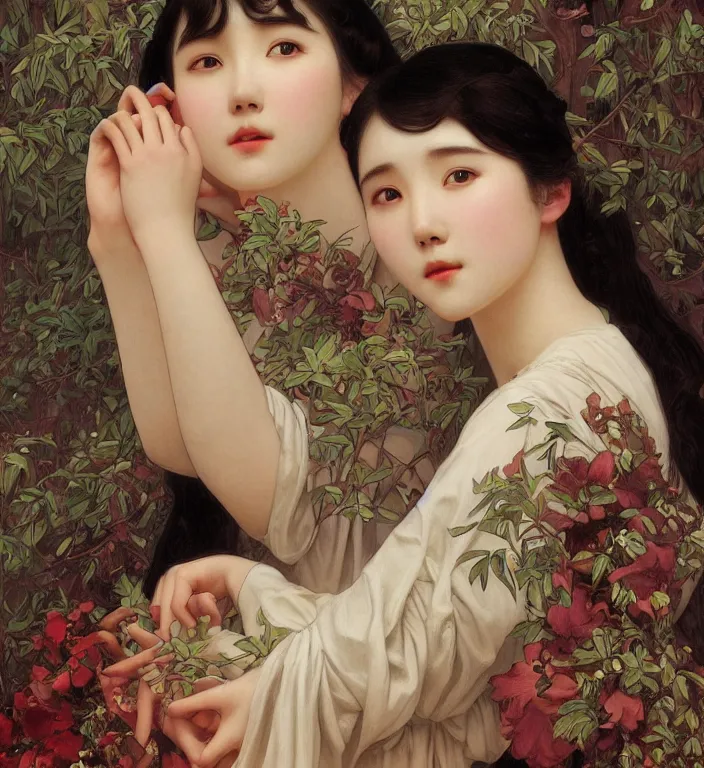 Image similar to IU, Korean Idol, Korean Artist, very detailed, digital art, concept art, studio quality, ethereal, art style by Edmund Bliar Leighton and J. C. Leyendecker and Alphonse Mucha