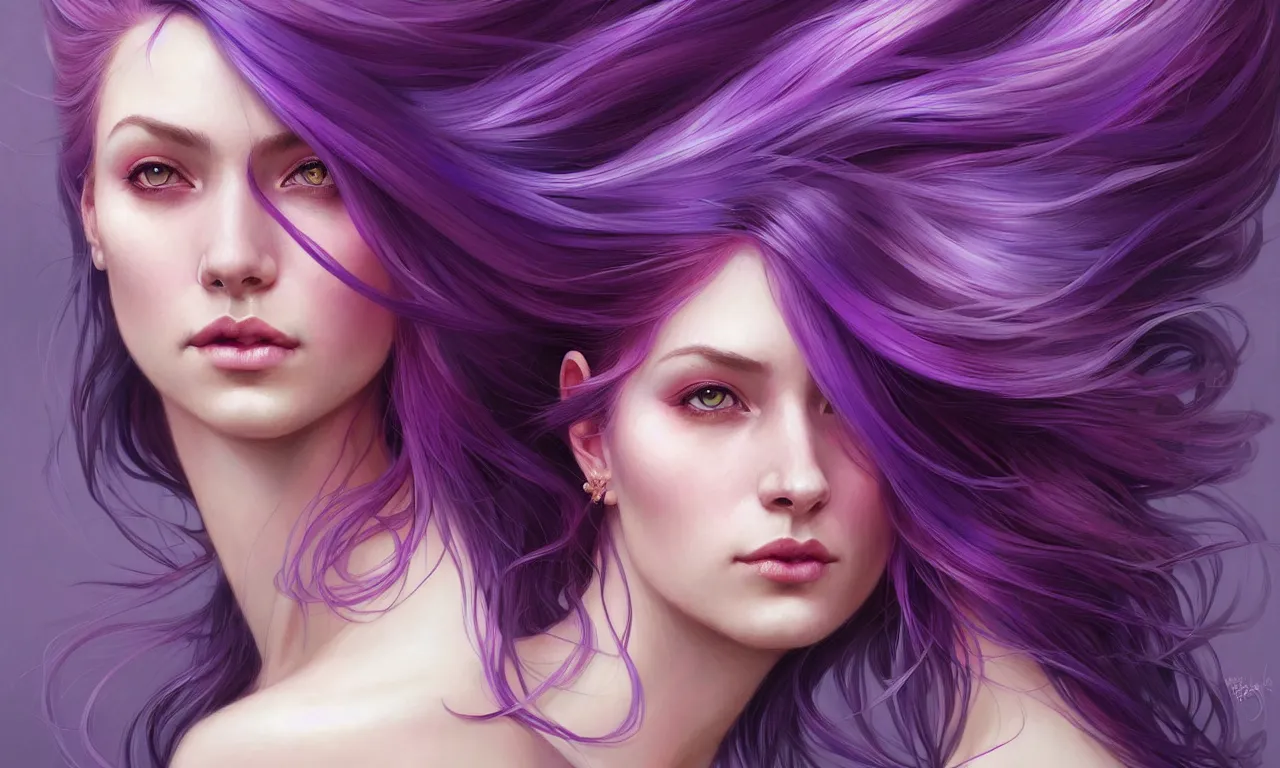 Image similar to Portrait of a woman with bright colored flying hair, all shades of purple. Hair coloring, amber eyes, face, long hair, fantasy, intricate, elegant, highly detailed, digital painting, artstation, concept art, smooth, sharp focus, illustration, art by artgerm and greg rutkowski and alphonse mucha