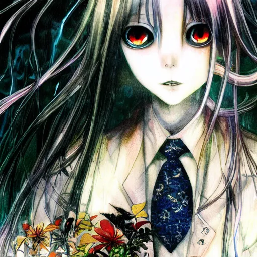 Image similar to yoshitaka amano realistic illustration of a sinister anime girl with black eyes and long wavy white hair wearing dress suit with tie and surrounded by abstract junji ito style patterns in the background, blurry and dreamy illustration, noisy film grain effect, highly detailed, oil painting with expressive brush strokes, weird portrait angle