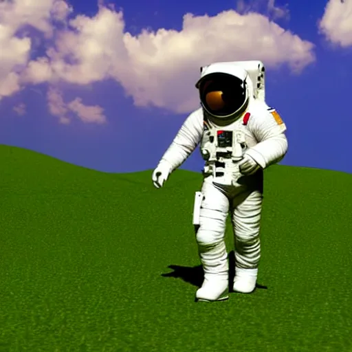 Image similar to a 3 d render of an astronaut walking in a green desert,