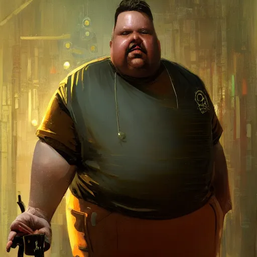 Image similar to closeup portrait of an overweight barkeeper with an artificial arm, ratz, neuromancer, bar background, painted by greg rutkowski, painted by igor kieryluk, high detail, dramatic light, digital art, trending on artstation