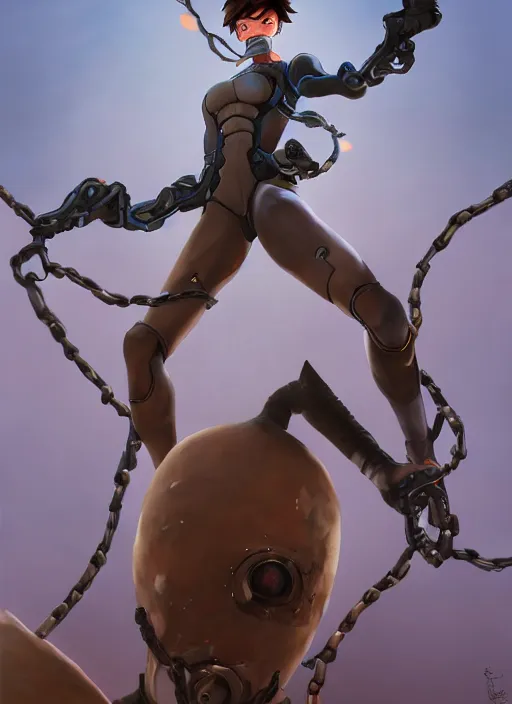 Image similar to full figure, painting of tracer from overwatch, in style of zdzisław beksinski, horror, 4 k, feminine facial features, full armor, full armor, detailed face, tall, dark ropes and chains in background