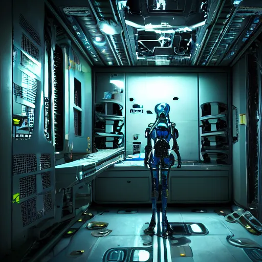 Image similar to high detailed industreal cyborg working in sci - fi server room. cinematic shot from alien isolation