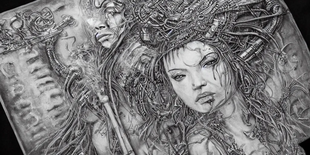 Image similar to Closeup of realistic asian Sumerian Death Goddess chalk skin etched with runic icons + mystical symbols, with small bleached bones covering vest and flowing electricity and smoke , fantasy, intricate, elegant, highly detailed, digital painting, artstation, concept art, matte, sharp focus, photoreal, ghostbusters poster, art by Artgerm and peter mordenbacher,Mike Winkelmann, photo real, ultra realistic, intricate, epic lighting, 8k resolution, unreal engine 5, ultraviolet colors